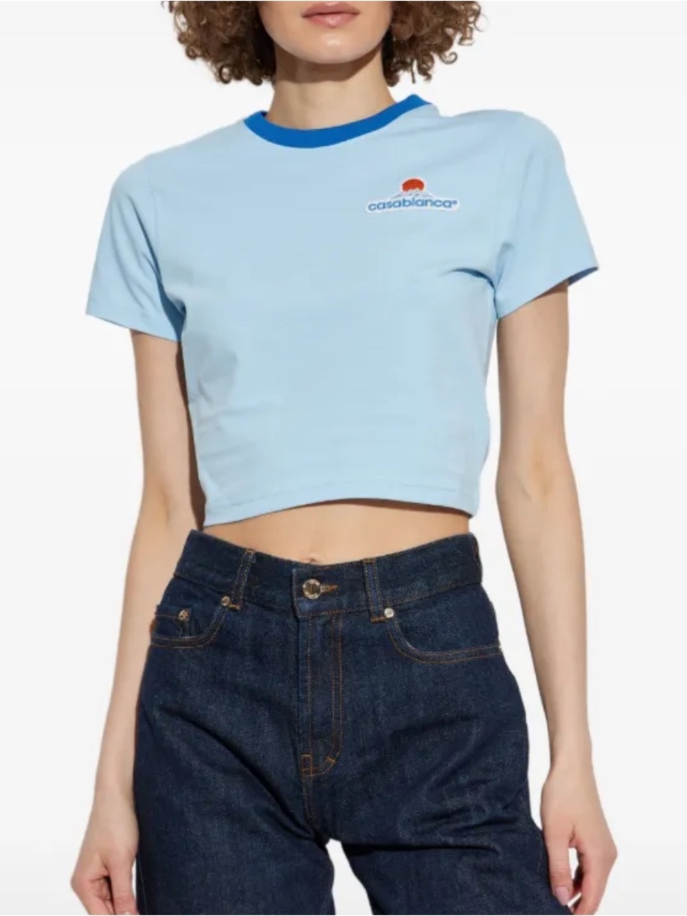 NWOT Casablanca Montagne Light Blue Contrasting Trim Cropped Babydoll T-Shirt